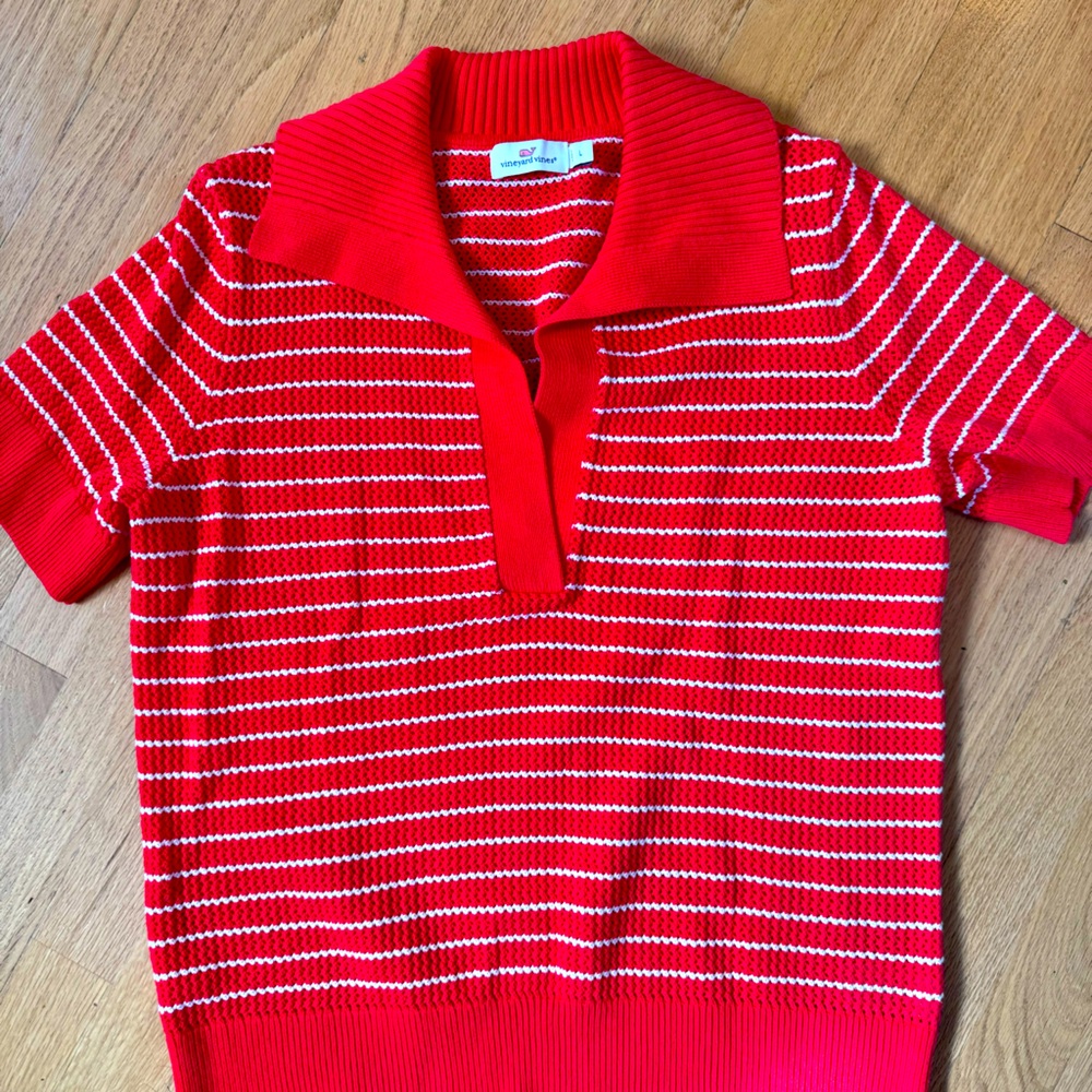 Vineyard Vines Red & White Striped V-Neck Sweater